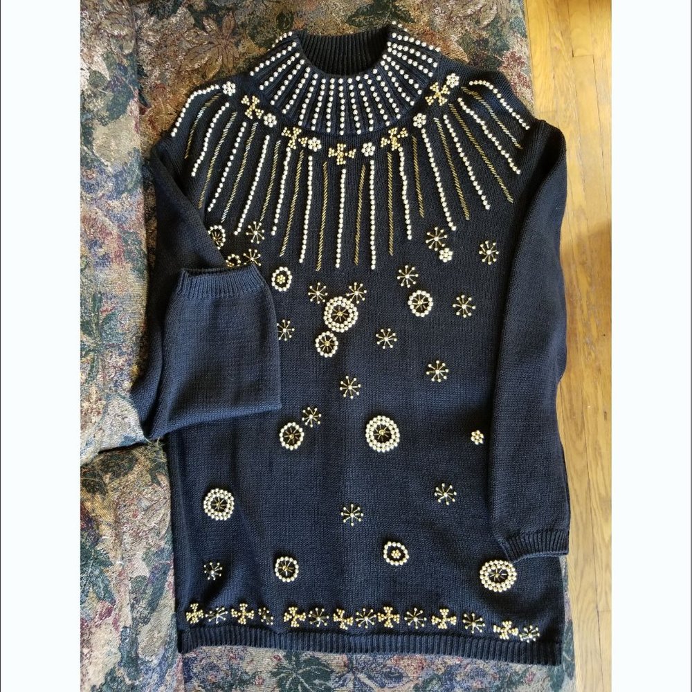 Impressive, vintage 90s, black cotton sweater, S, M, L, gold glass beading - Picture 4 of 8